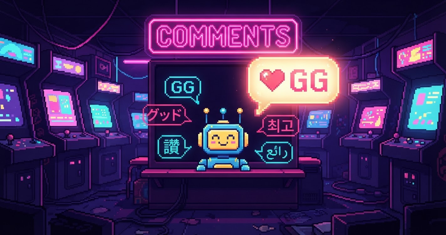 Pixel-art arcade at night: a friendly translator robot sits at a neon COMMENTS board, speech bubbles in different languages merging into one bright bubble with a heart and GG